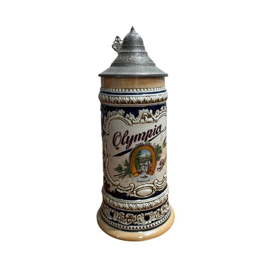 VINTAGE OLYMPIA BEER Tumwater Stein Western GERMANY Original Gerzit Gerz mug lid